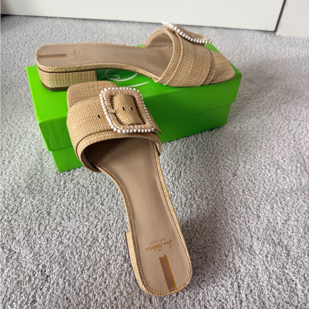 Sam Edelman Natural Raffia Pearl Buckle Slide Sandals